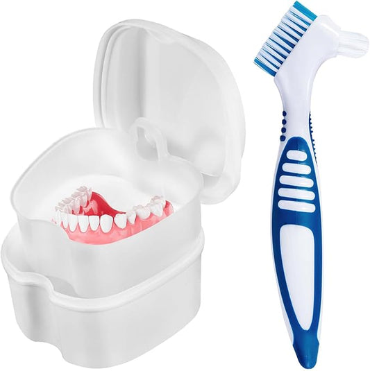 White Denture Bath Case Cup Box Holder Storage Container with Denture Cleaner Brush Strainer Basket for Travel Cleaning