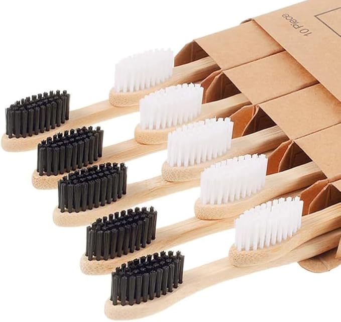 Bamboo Toothbrushes for Adults - 10 Pack Eco-Friendly, Biodegradable, Charcoal-Infused Soft Bristles Bamboo Toothbrush - Sustainable Plastic Free, Compostable Natural Wooden Toothbrushes