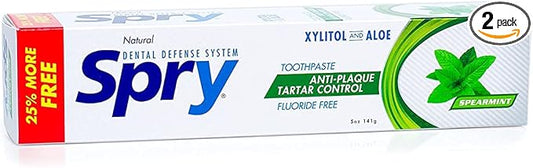 Spry Natural Xylitol Toothpaste 5oz for Adults and Kids - Fluoride Free, Gentle for Sensitive Teeth Whitening and Remineralizing, Breath Freshening, Mouth Moisturizing, Spearmint (Pack of 2)