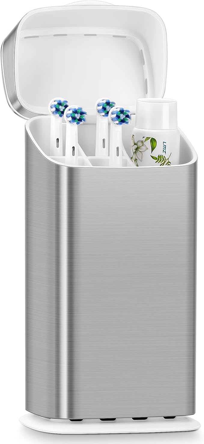 Toothbrush Holders with Cover - Electric Toothbrush Length Less Than 10 inches, 5 Slots Tooth Brush Holder for Bathroom, Detachable Toothpaste Holder Bathroom Organizers with Drainage, Silver