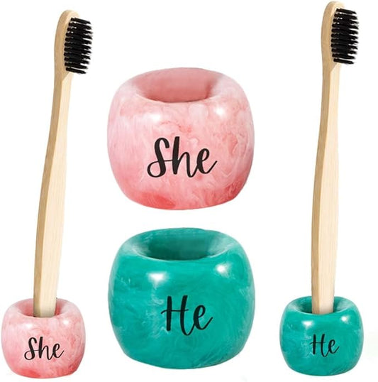 Folkulture Resin Toothbrush Holders | Set of 2 (2") Tooth Brush Holder for Bathrooms | Countertop Toothbrush Holders for Couples | Pink Toothbrush Holder | Brush Holder for Vanity