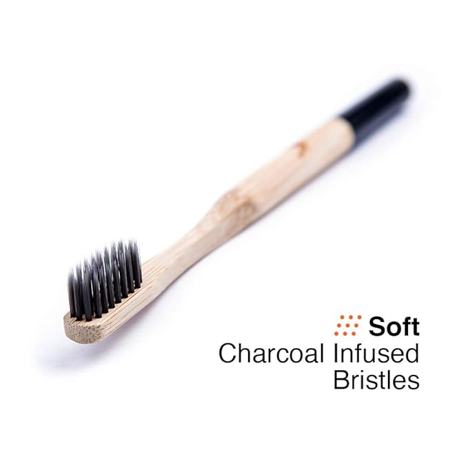 Bamboo Toothbrush with Soft Charcoal Infused Bristles, New Set of 4 Eco Friendly Toothbrushes, BPA Free and Tongue Scraper