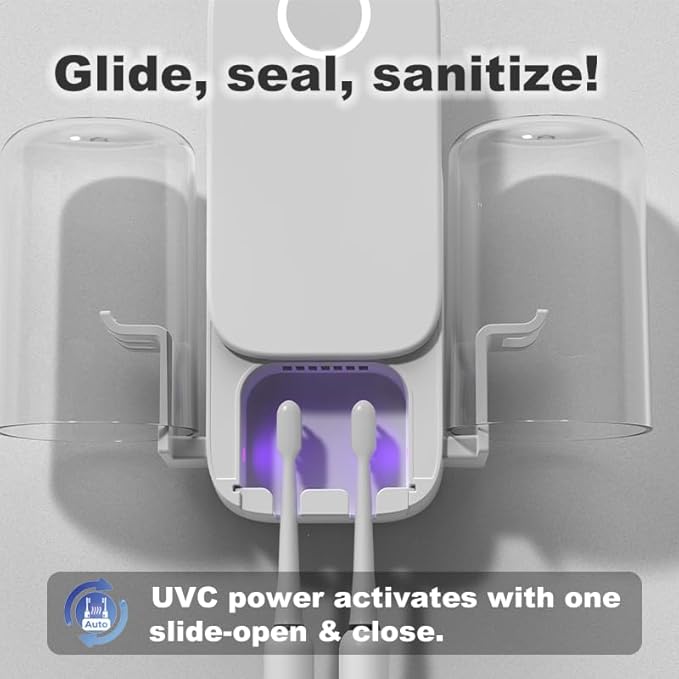 UV Toothbrush Sanitizer Holder Wall Mounted for Bathroom, UVC+UVA Light Cleaning Support with Drying Fan, 2 Toothbrush Slots, Battery Operated or USB Powered
