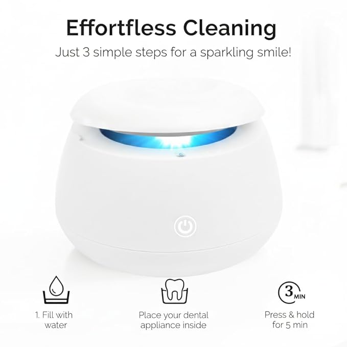 FIONA JAMES 48kHz Ultrasonic Retainer Cleaner with UV | Professional Sonic Dental Cleaning Pod for Aligner, Night Guard, Denture & Jewelry | White
