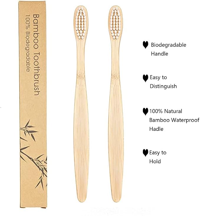 SEVENHEAD 2 PCS Bamboo Toothbrushes for Adults - Soft Bristles, Natural Biodegradable, BPA Free, Eco-Friendly, White
