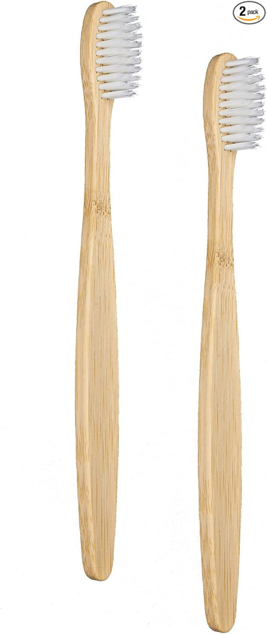 SEVENHEAD 2 PCS Bamboo Toothbrushes for Adults - Soft Bristles, Natural Biodegradable, BPA Free, Eco-Friendly, White