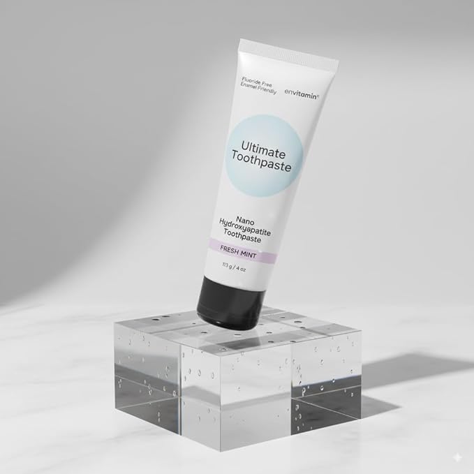 envitamin Fluoride Free Nano Hydroxyapatite Ultimate Toothpaste for Remineralizing Enamel & Sensitive Relief, Whitening, Antiplaque, SLS Free, Fresh Mint, 4 oz (3 Tubes, Fresh Mint)