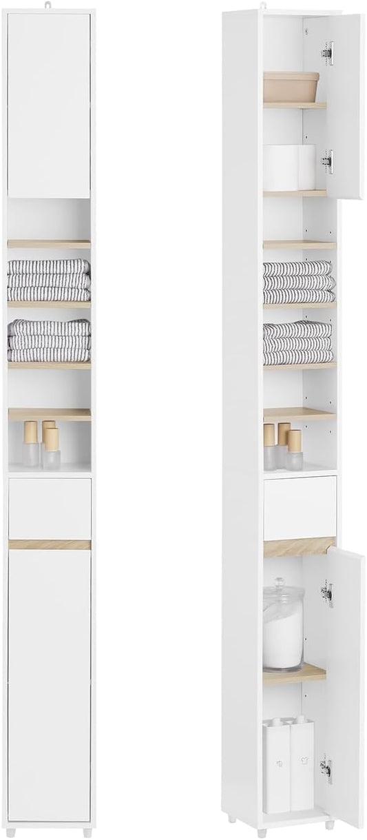 SoBuy Bathroom Narrow Storage Cabinet Skinny Tall Unit with Adjustable Shelves Slender Anti-Tipping Floor Standing Cupboard, White & Natural BZR34-WN
