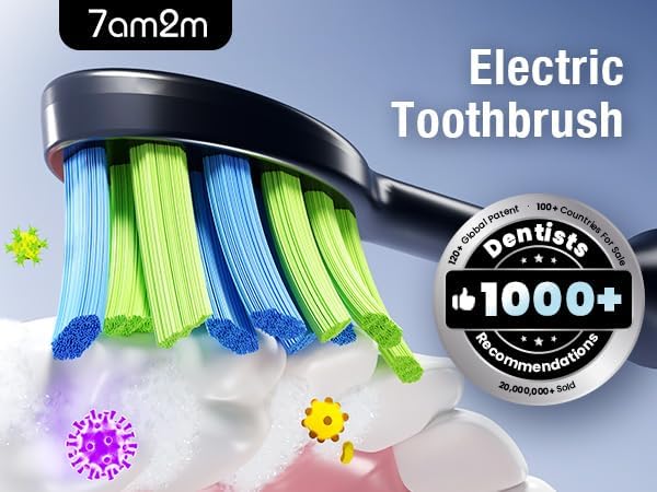 7AM2M Ultrasonic Electric Toothbrush with 6 Brush Heads for Adults&Kids, Type C Charging, One Charge for 120 Days, 5 Modes&40000VPM Powered Toothbrush, 3 Minutes Built in Smart Timer (Black)