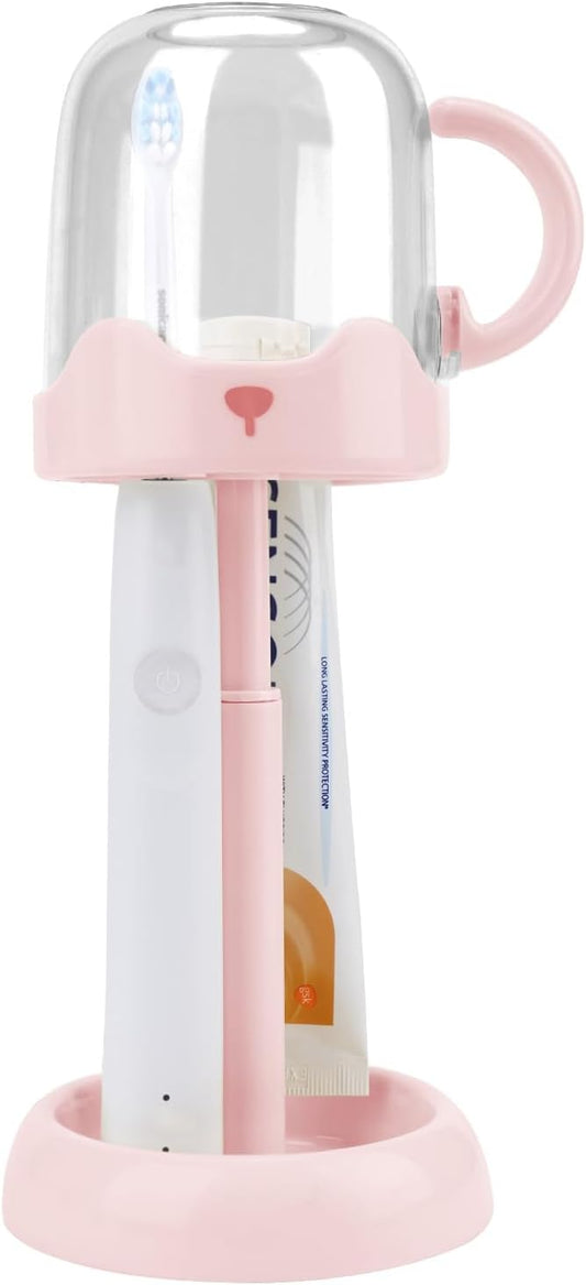 Adjustable Toothbrush Holders for Bathrooms, Plastic Tooth Brush Holder with Cover, Toothbrush and Toothpaste Storage Organizer for Dormitory Countertop (Pink)