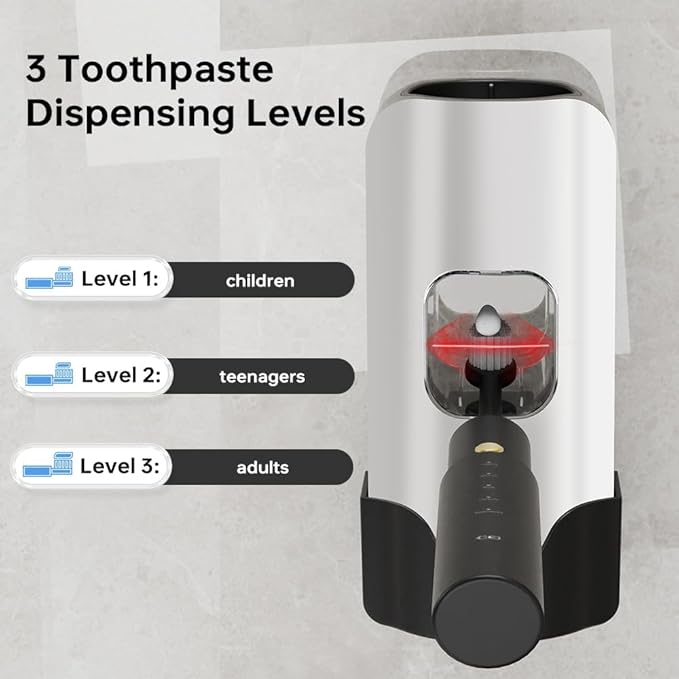 Automatic Toothpaste Dispenser Wall Mounted - Smart Touchless Toothpaste Squeezer with 3 Adjustable Levels, 2 Toothbrush Holders- for Kids and Adults, Bathroom Essentials