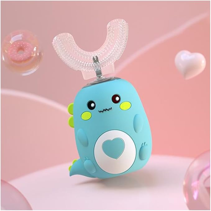 Kids Automatic U-Shaped Toothbrush, 360º Toothbrush Rechargeable Auto U-Shaped Electric Toothbrush with Led Light, 5 Modes & Smart Timer Gentle Waterproof and Cartoon Dragon Design (Green*1)