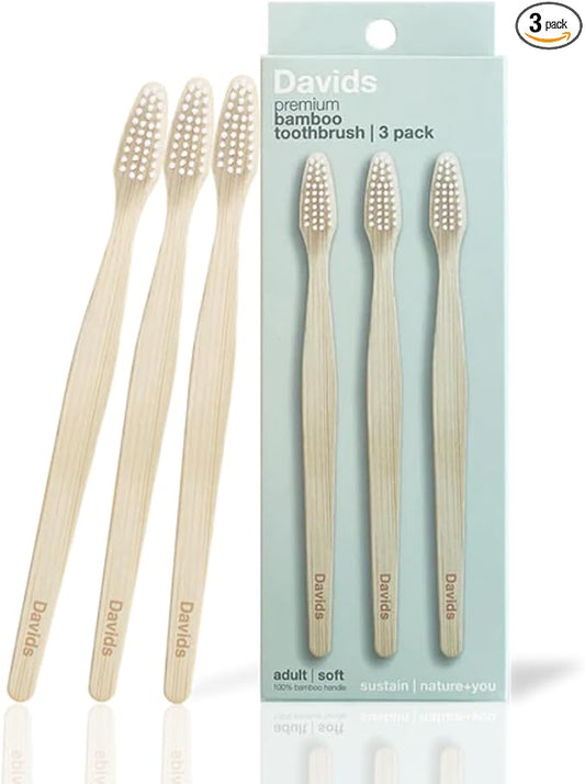 Davids Premium Bamboo Soft Bristle Toothbrush - 3 Pack | BPA Free, Eco-Friendly, Sustainable High Performance Bristles to Improve Oral Health Naturally | 100% Natural Bamboo Handle | Made in Germany