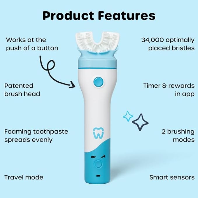 Willo BrushBot Kids U-Shaped Toothbrush Starter Kit – Rechargeable, Smart Electric Toothbrush for Kids Ages 8-11 w/App, Soft Bristles, Plaque Removal, Gentle & Deep Clean Modes | Medium Bubble Twist