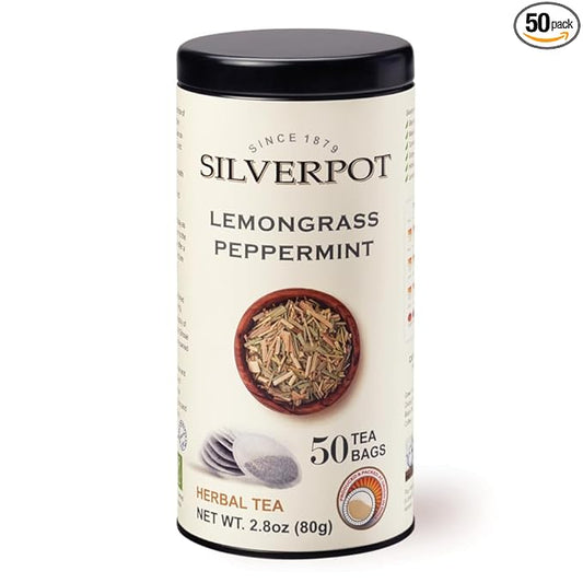 Silverpot Lemongrass & Peppermint - 50 Round Tea Bags | Cooling Citrus Mint Flavor | 100% Natural | Caffeine Free | Reusable Tin