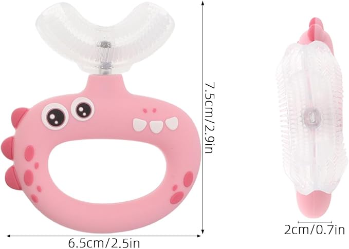 U Shaped Kids Toothbrush for Oral Care - 360° Rotating Silicone Head - Manual Self Brushing Toothbrush - Dinosaur Fun Brush for Ages 0-3 Kids Pink