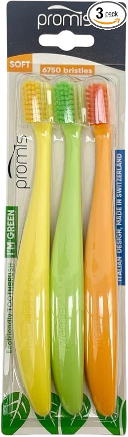 PROMIS Toothbrush 3-Pack Refill | Ecofriendly Soft Toothbrush | Renewable Bioplastic | 6750 Soft Bristles | Swiss Made Italian Design (Yellow/Green/Orange)