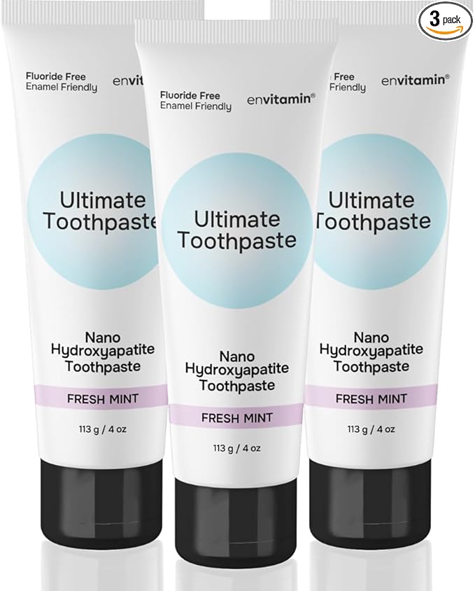 envitamin Fluoride Free Nano Hydroxyapatite Ultimate Toothpaste for Remineralizing Enamel & Sensitive Relief, Whitening, Antiplaque, SLS Free, Fresh Mint, 4 oz (3 Tubes, Fresh Mint)