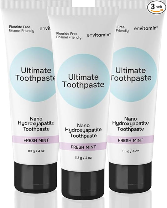 envitamin Fluoride Free Nano Hydroxyapatite Ultimate Toothpaste for Remineralizing Enamel & Sensitive Relief, Whitening, Antiplaque, SLS Free, Fresh Mint, 4 oz (3 Tubes, Fresh Mint)
