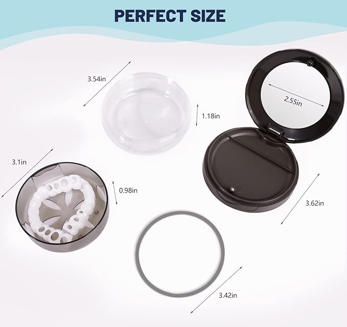 Denture Cup Retainer Case, No-Leak Denture Bath, Travel Case with Strainer & Mirror (Grey)