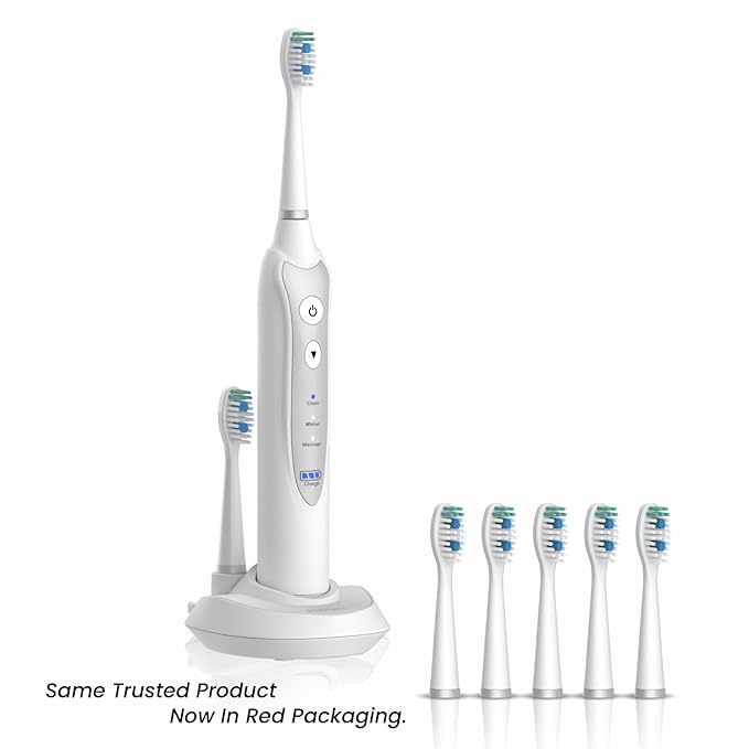 Sonic Electric Toothbrush for Adults with 5 Toothbrush Replacement Heads, 3 Brushing Modes & 2 Minutes Built-in Timer, Travel Toothbrushes with Inductive Charging, Rechargeable toothbrush | White