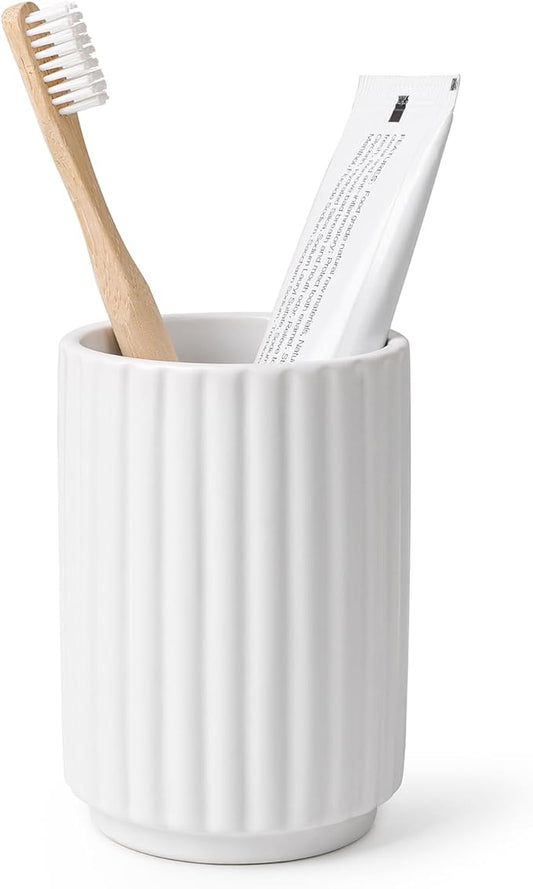 Toothbrush Holder, Tooth Brush Holder for Bathroom - Ceramic Toothbrush Cup Toothbrush Holders Countertop, Stripe Design Makeup Brush Holder Pen Holder, ANTIS'S HOME (White)