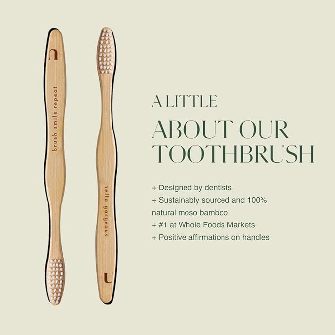 Plus Ultra 2-Pack Bamboo Toothbrush - BPA Free Soft Bristle - Dentist-Approved and All-Natural with Brush Smile Repeat and Hello Gorgeous Etched on Handles