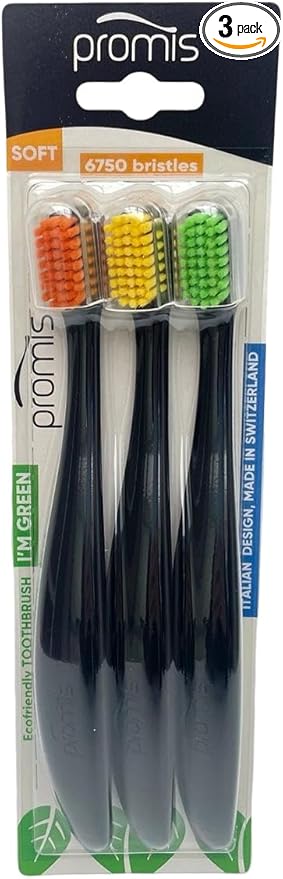 PROMIS Toothbrush 3-Pack Refill | Ecofriendly Soft Toothbrush | Renewable Bioplastic | 6750 Soft Bristles | Swiss Made Italian Design (Black)
