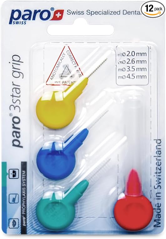 Paro Swiss 3Star-Grip Interdental Brushes – Assorted, 4x12 Pack Different Sizes – Deep Between Teeth Cleaning