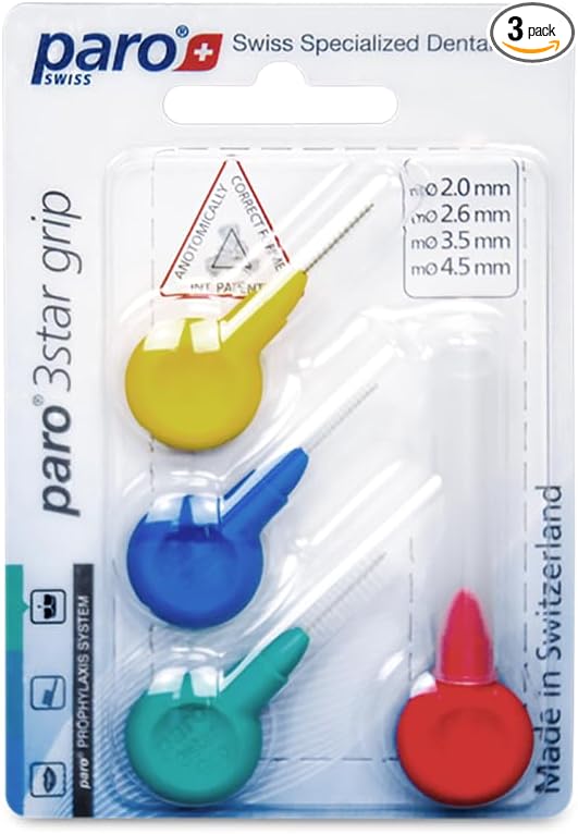 Paro Swiss 3Star-Grip Interdental Brushes – Assorted, 4x3 Pack Different Sizes – Deep Between Teeth Cleaning