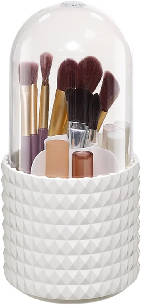 Makeup Brush Holder Organizer with Lid,360° Rotating Dustproof Make Up Brushes Container with Clear Acrylic Cover, Spinning Cosmetics Holders Storage Cup with 5 Compartment for Vanity and Bathroom