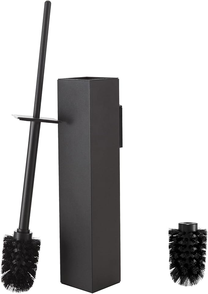 Toilet Brush and Holder Wall Mounted, Black Aluminum with 2 Replaceable Heads, Bathroom Toilet Brush, Drill or 3M Adhesive Mount, Removable Liner and Splash Guard, Modern Square Design