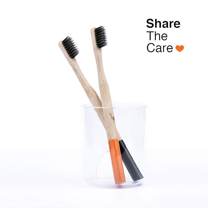 Bamboo Toothbrush with Soft Charcoal Infused Bristles, New Set of 4 Eco Friendly Toothbrushes, BPA Free and Tongue Scraper