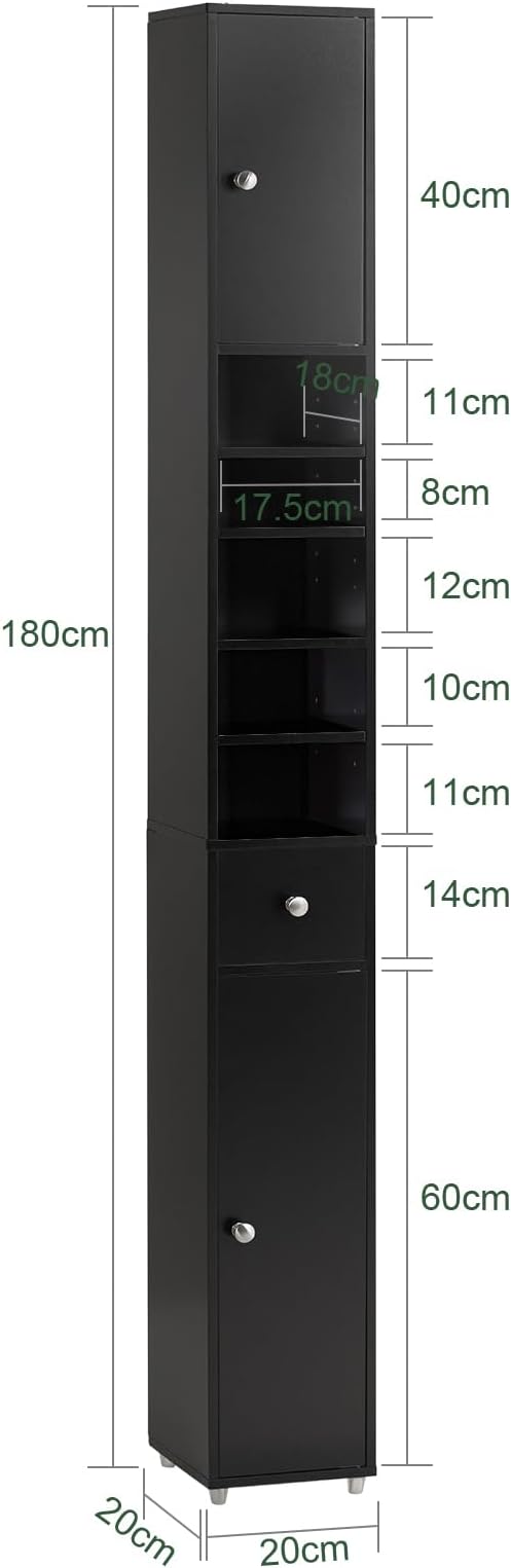 SoBuy Narrow Bathroom Storage Cabinet, Tall Slim Bathroom Organizers and Storage for Small Spaces, Freestanding Skinny Cabinet with Doors and Shelves for Tight Corners, Black BZR34-SCH