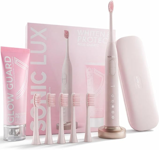 SMILE NOVA Sonic Lux™ Pink Electric Toothbrush for Adults – Luxury Rechargeable Sonic Electric Toothbrush with GlowGuard Nano-Hydroxyapatite Whitening Toothpaste & 6 Brush Heads