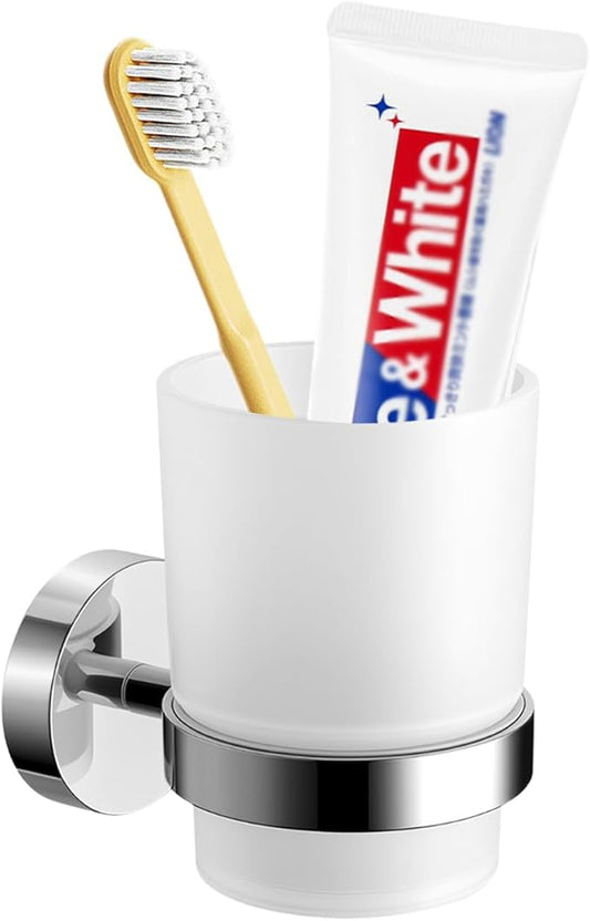 Wall Mount Toothbrush Holder with Frosted Glass Cup, Toothbrushes Toothpaste Razor Storage Organizer (Single)