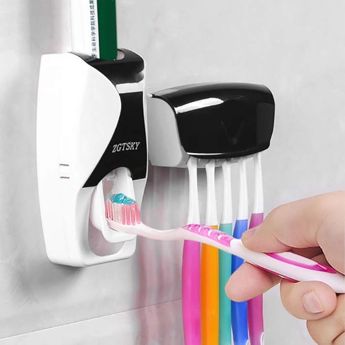 Wall Mounted Toothbrush Toothpaste Holder, ABS Automatic Toothpaste Squeezer Dispenser for Home, Hotel Washroom Bathroom(Black)