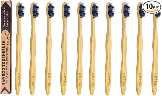 ARTEM Bamboo Toothbrush with Soft Bristles – Eco-Friendly, Biodegradable & Compostable – Natural Wooden Toothbrush for Adults & Kids – Plastic-Free Oral Care (Pack of 10)