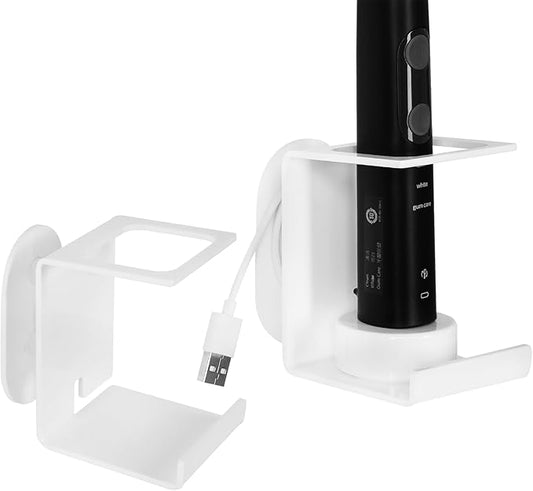 Electric Toothbrush Holder Wall Mounted, Electric Toothbrush Cord Organizer Holds 1 Chargers, Self Adhesive Electric Toothbrush Stand for Bathroom, Medicine Cabinet, Dorm(White 2Pack)
