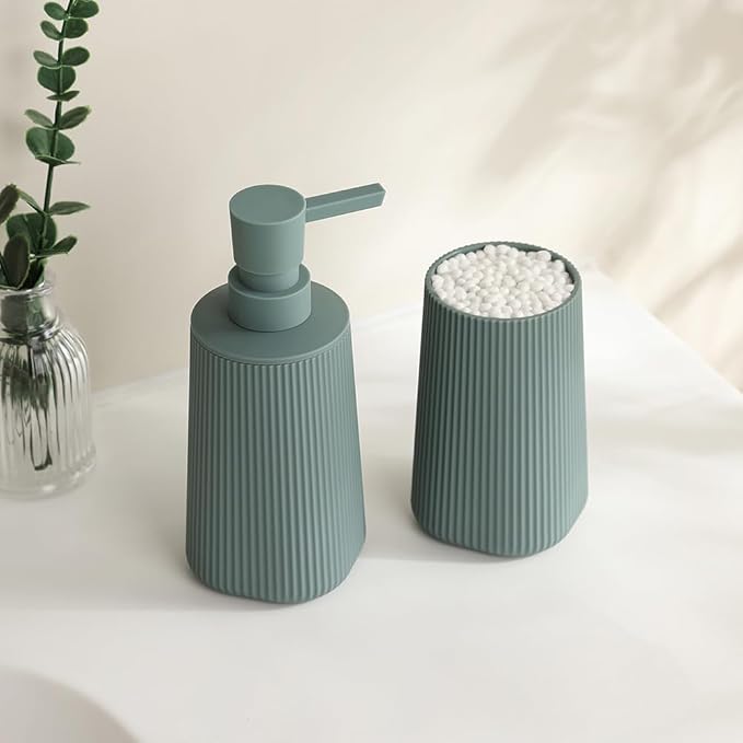 Bathroom Accessories 2 Piece Soap Dispenser and Toothbrush Holder Set Striped Sage Green