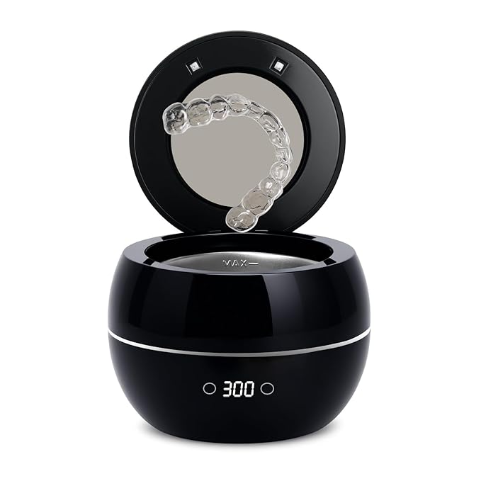 Dental Ultrasonic Retainer Cleaner Machine: 45kHz Dental Cleaning Pod for Denture, Aligner, Mouth Guard, Night Guard, Braces & Jewelry, UV Denture Cleaner with Digital Timer & Dual Mode 250ML Black