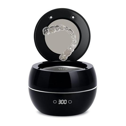 Dental Ultrasonic Retainer Cleaner Machine: 45kHz Dental Cleaning Pod for Denture, Aligner, Mouth Guard, Night Guard, Braces & Jewelry, UV Denture Cleaner with Digital Timer & Dual Mode 250ML Black
