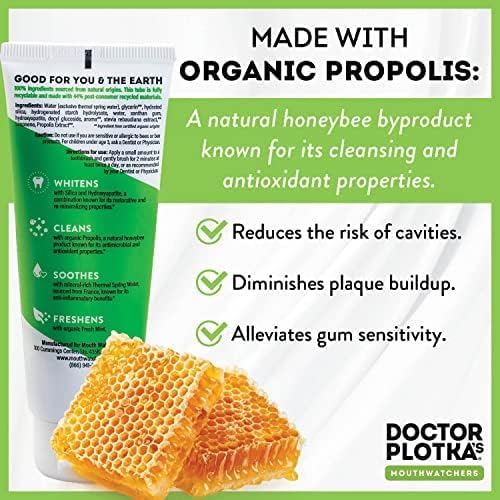 MOUTHWATCHERS Whitening Fluoride Free Naturally Sourced Toothpaste, 3 oz Tube, for Sensitive Teeth and Gums, Organic, SLS Free, Fresh Organic Mint and Propolis, by Dr. Plotka's