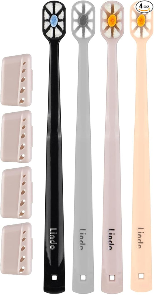 Lindo Polishing Toothbrush - for Sensitive Gums and Teeth, 12000+ Ultra Fine Bristles, Soft and Gentle, Deep Clean, Pack of 4 (Blue, Gray, Beige, Black) (Black, Gray, Beige, Peach, 8 Pack)