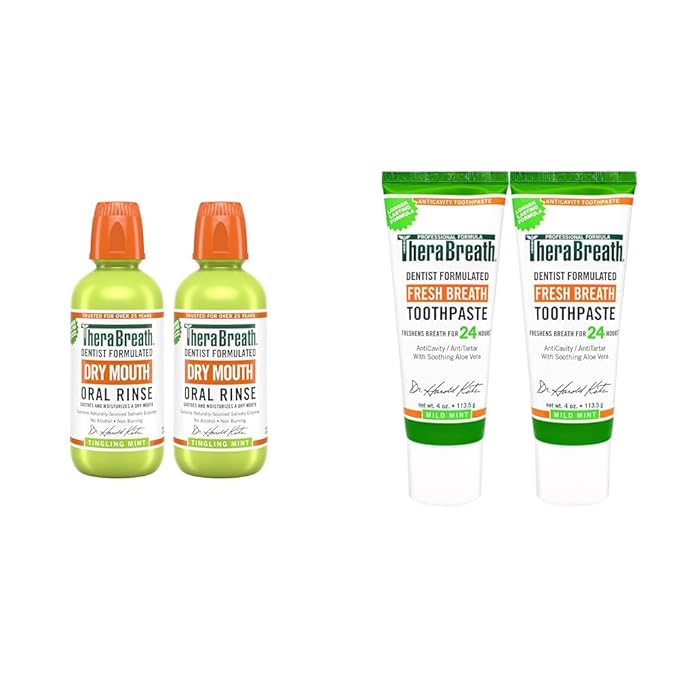 TheraBreath Dry Mouth Oral Rinse, Tingling Mint, Dentist Formulated, 16 Fl Oz (2-Pack) & Fresh Breath Dentist Formulated 24-Hour Toothpaste, Mild Mint, 4 Ounce (Pack of 2)