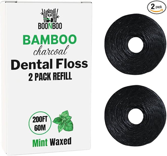 BOONBOO Dental Floss Refill Rolls, Charcoal Woven Thread, 2 Pack, Mint