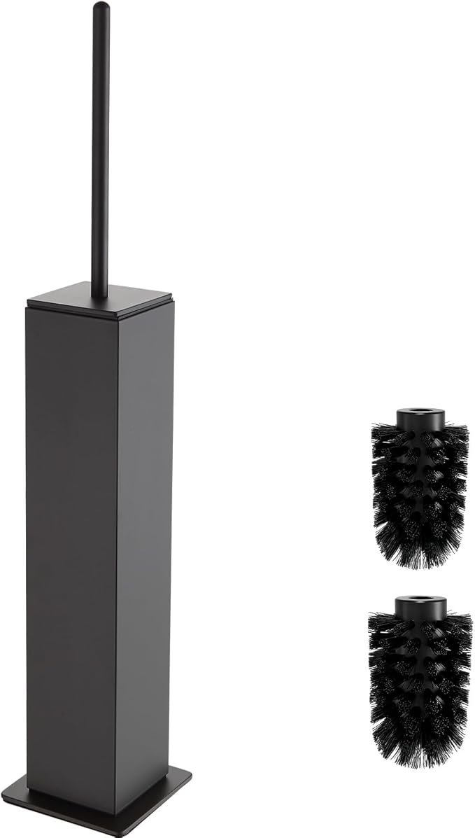 Toilet Brush and Holder Floor Standing, Gun Gray with 2 Replaceable Heads, Bathroom Toilet Brush, Freestanding Toilet Bowl Brush with Removable Liner and Splash Guard, Modern Square Design