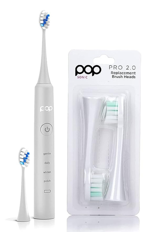 Pop Sonic Pro 2.0 Toothbrush (White) + Bonus Pack | Rechargeable Toothbrush Up to 45,000 Vibrations Per Minute