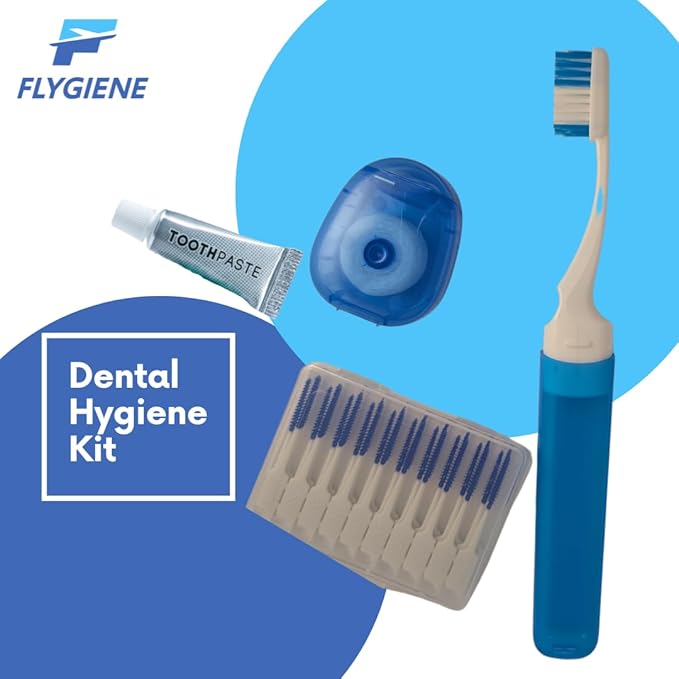 FLYGINE Smile On – Complete Dental Travel Kit – Includes Travel Toothbrush, Toothpaste, Floss, Interdental Picks & Mints – TSA-Approved Oral Care Kit in a Durable, Reusable Case with Zipper Closure