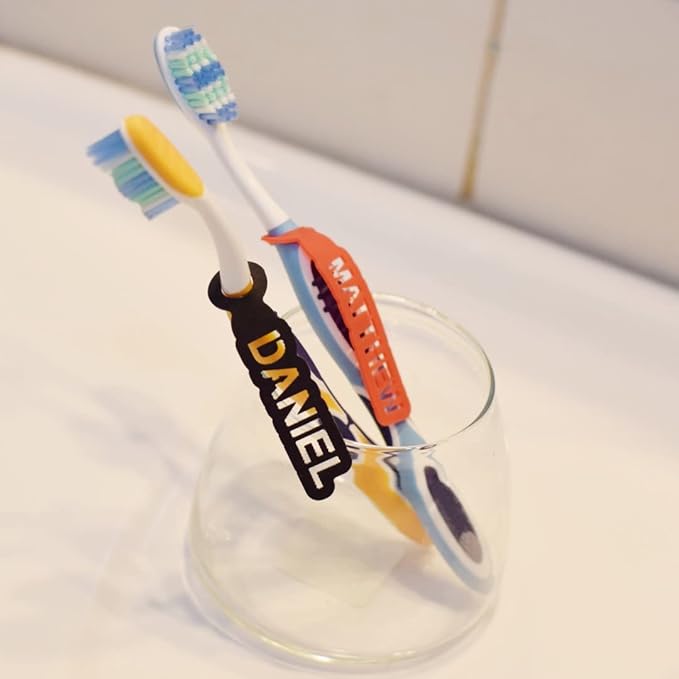 Personalized Labels for Toothbrush. Custom Toothbrush Name Tags. Identifier and Organizer Accessories for Bathroom Storage & Decor. Set of 2 Silicone Markers - Different Names and Colors